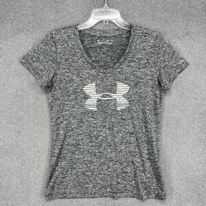 Under Armour Shirt Womens Small Gray Heather V-Neck HeatGear Loose Athletic